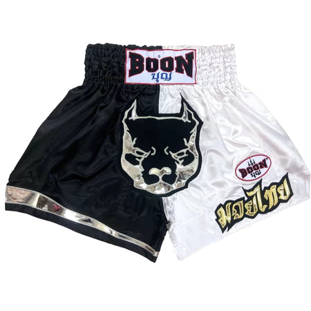 Boon Muay Thai Shorts Classic Pitbull Black/White - KICKPUNCHELBOW